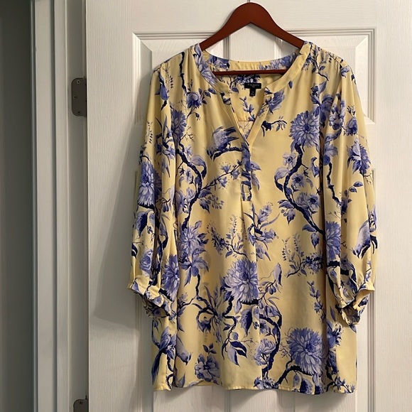 Talbots 2X Yellow & Blue Chinoiserie blouse excellent condition - Picture 1 of 1